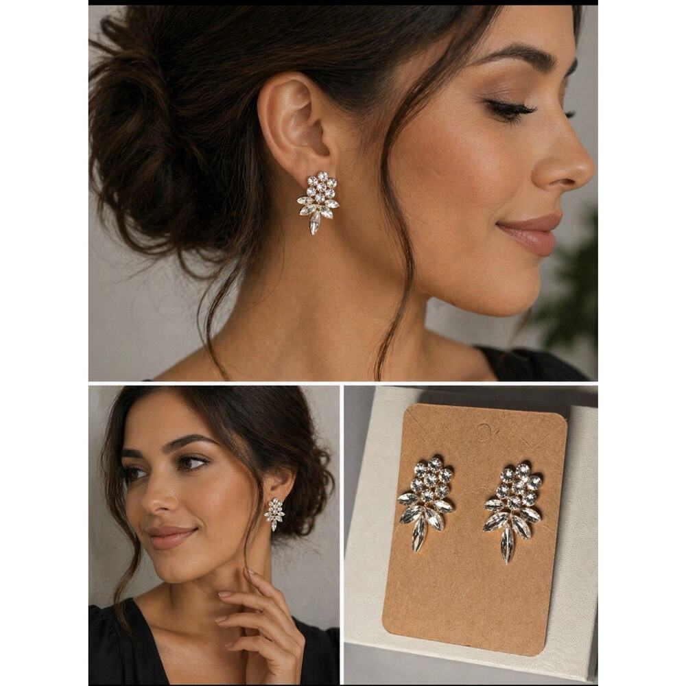 Gold Tone Rhinestone Floral Cluster Stud Earrings Clear Crystal Leaf